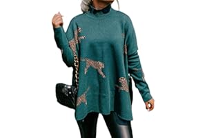 LUREBEST Casual Long Sleeve Top with Retro Tiger and Leopard Print, Women's Turtleneck Sweatshirts, Knit Long Sleeve Side Slit Casual Pullover Sweatshirt Tops