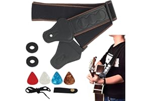 EceoThsy Nero Tracolla Per Chitarra Per Chitarra in Cotone Con 4 Plettri, 2 Chiusure Per Cinturino in Gomma, Adattatore Per Paletta Con Fibbia, Ideale Per Chitarra Acustica, Elettrica E Basso