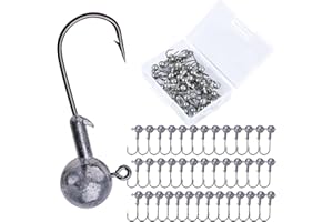 Goture 50pcs Tête plombée Ronde, hameçons pour tête plombée en Plomb pour leurre Souple la pêche en Eau Douce et en Eau salée, Têtes Plombées Crochets Kit Swimbait avec boîte de pêche