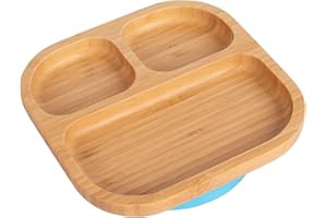 Tiny Dining Baby Plate with Suction Cup - Segmented - Blue - Divided Non-Slip Bamboo Self-Feeding Baby Weaning Plate for Babies, Toddlers, Children