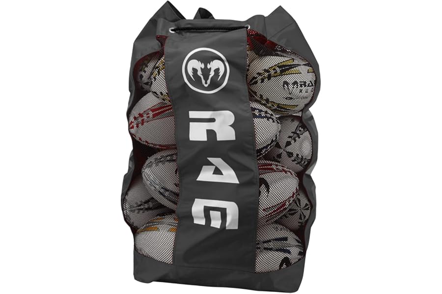 Ram Rugby - Breathable Rugby Ball Bag - Holds 16 x Size 5 Balls – Durable Nylon Mesh Storage with Adjustable Strap & Drainage Hole – Large Sports Equipment Bag for Rugby, Football, Soccer – Dark Grey