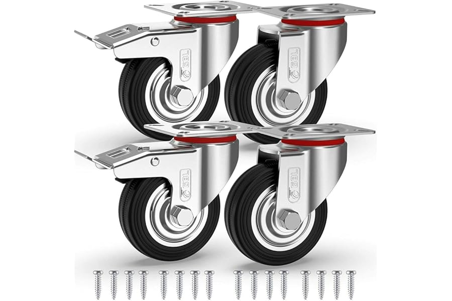 GBL Heavy Duty Castor Wheels with 2 Brakes + Screws - 75mm up to 200KG - Pack of 4 No Floor Marks Silent Caster for Furniture - Rubbered Trolley Wheels - Silver Castors