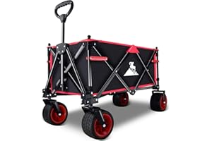 Topwell Collapsible Folding Wagon Cart, Outdoor Utility Garden Cart, Heavy Duty Camping Wagon with Big Wheels，Foldable Wagon for Sports, Shopping, Fishing and Beach(Black/Red)