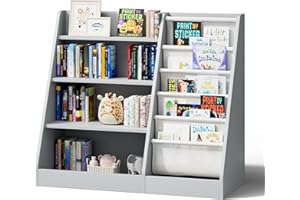 HIRONPAL Kids Bookshelf Children Bookcase with Five Layer Sling, Baby Wooden Storage Book Rack, Child Book and Toy Organizer Cabinet, Book Display for Playroom, Bedroom, Toddler Room, Nursery,Classroom (Gray)