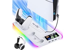 BRHE Controller Charger for PS5/PS5 Slim/Pro: PS5 Stand Cooling Fan and Controller Charger Station, PS5/PS5 Slim Accessories Vertical Charging Dock for PlayStation 5 Console (White)