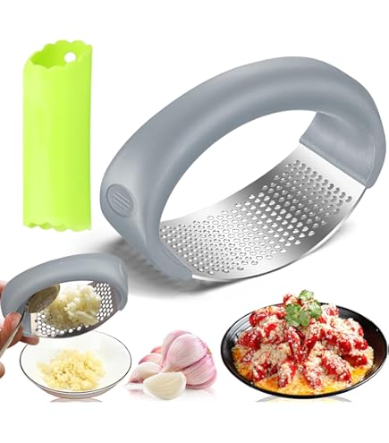 Presse-Ail Inox à Bascule 2 Pièces - Avec Épluche Ail Silicone Pour Hacher Écraser Gingembre
