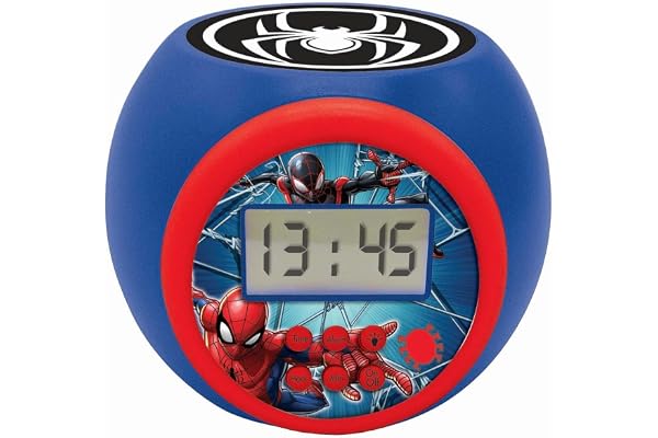 Lexibook - Marvel Spider-Man Réveil projecteur avec Fonction Alarme et répétition Snooze, veilleuse avec minuterie, écran LCD, à Piles, Bleu/Rouge, RL977SPLXB