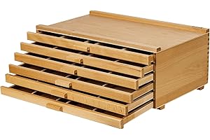 ‎DJAR DJAR Große Kunst Aufbewahrungsbox mit 6 Schubladen, Tragbares Buchenholz Kunst Suppiles Organisator mit abnehmbaren Partitionen für Kunstzubehör, Pinsel, Stifte, Pastellkreide