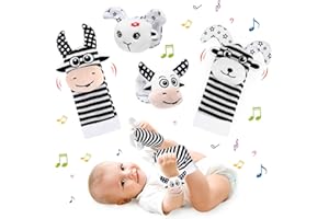 Ballery Giochi Neonato Sonagli Sensoriali per Bambini, 4 Pezzi Baby Rattles Giocattolo da polso Calzini Sonaglio 0-12 mesi, Bianco e Nero Baby Rattle Neonato Giochi Neonato Montessori