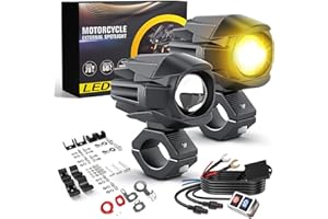 BraveWAY 60W 18000LM Feux Additionnels Moto Phare Améliorée LED Auxiliaire Antibrouillard Blanc Ambre Étanche 9 Modes Stroboscopiques Kit de Faisceau de Câblage Plug and Play et 2 Supports de Montage