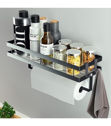 Étagère Murale Épices Avec Porte-Rouleau + 4 Crochets – 35 Cm Sans Perçage Ou Vis – Organisateur Cuisine Salle De Bain – Noir Métal Robuste