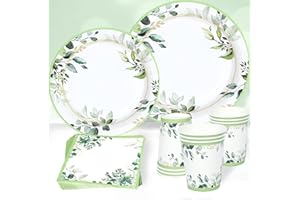 QIFU Assiette Vert, 96pcs Vaisselle Jetable, Set Couvert Vert Sauge Serviette Papier Et Gobelet Four Decoration Anniversaire Baby Shower Vaisselle Mariage