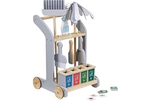 Baroni Toys Carro de Limpieza de Madera Montessori, 8 Piezas, Juego Educativo con Carro Entrenable, Incluye Escoba y Recogedor, Fregona, Cepillo, Accesorios de Recogida de Residuos, 29x32x48 Cm