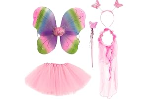 JSTHHTT Feenflügel für Kinder, Schmetterlingsflügel, Feen-Kostüm-Set mit Tutu, Zauberstab und Stirnband, 5 Stück