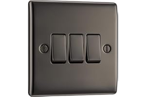 BRITISH GENERAL BG Electrical Triple Wall Light Switch, 2 Way, Raised and Slim Profile, Round Edges, Nexus Metal, Black Nickel, 20A, 16AX, NBN43