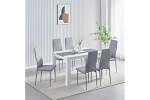 Homullel 120 cm Dining Table and 6 Chairs, 6 Seater Table and Chairs Set for 6, Kitchen Dining Room Set for Space Saving (Faux Leather Grey, 120cm, 6 Seats)