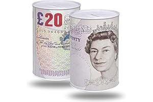 BSTOCKES 20 Pound Notes Design Money Tin Cash Box, Money Saving Money Box for Kids, Printed Bank Note Multicolour Cash Box for Birthday, Holiday & Christmas Fund, Cash Tin Piggy Bank Charity UK (Small 10x15cm)
