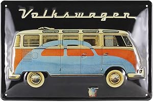 BRISA VW Collection – Volkswagen retro blaszana tabliczka w stylu vintage, pomysł na prezent z metalu, w stylu T1 Bus (autobus i chrząszcz/czarny)