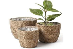 La Jolíe Muse Panier à Plantes d'herbe Cache Pot Fleur en Mer Seagrass pour Décor Intérieur et Extérieur Couvercle de Pots de Fleurs, Contenants de Plantes, Naturel, 26cm+22cm+16cm(3 Paquets)