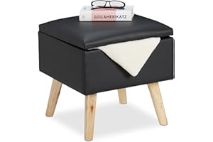 Relaxdays Pouf Contenitore in finta pelle, 40 x 40 x 40 cm, Sgabello Cubo Imbottito, nero, legno, finta pelle, gommapiuma, 1 pz