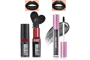 Desing Wish 2 Pezzi Glitter Rossetto Nero Lunga Durata Set Lucidalabbra Rossetti Kit Labbra Opaco Rossetto Lipgloss Rossetto Waterproof Black Lipstick Matte Trucco Halloween Regalo Trucchi Donna