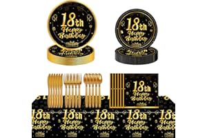 PIUMOJ Stoviglie per Festa 18 Anni, Stoviglie Compleanno Oro e Nero, Piatti 18 Anni Oro e Nero, Tovaglioli, Tovaglia, Decorazioni per Festa 18 Anni per Ragazzo Ragazza Compleanno, 16 Ospiti