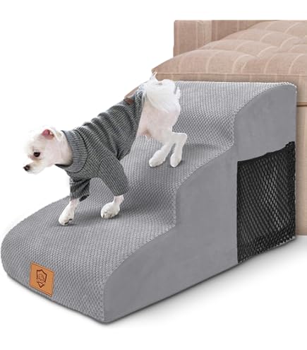 Pettycare Hundetreppenrampe Für Hohe Betten & Couch – 5 Stufen, Rutschfeste Schaumstofframpe, Grau, Für Kleine Hunde & Welpen