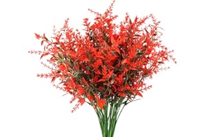 BAERTMY Mazzo Fiori Finti Artificiali per Cimitero Decorazioni Piante Finte da Interno Esterno 10 Pz Lavanda Artificiale Fiori di Plastica per Cimitero Fiori Finti Realistici per Giardino Patio (Rosso)