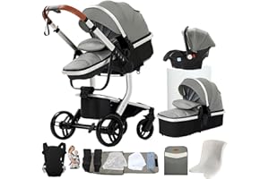NADDLILY Cuero PU Carrito Bebe 3 en 1, Carrito Bebe con Diseño Portátil Plegable de Un Clic, Carro Bebe 3 Piezas con Empuje Reversible Dos Vías, Cochecito Bebe 3 Piezas con Accesorios (L518 Grey)