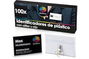 OfficeTree 100 x Identificadores Personales Clip y Pin Integrados - Incluye 110 x Badges Tarjetas para Imprimir - Porta Tarjetas Identificativas de Plástico - Identificador Tarjeta Transparente