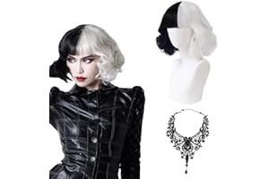 Eniyou Peluca Cruela Devil Blanca y Negra Cruella Peluca de Vil Mujer Peluca Negra y Blanca Gorro de Peluca para Halloween Navidad Carnaval Fiesta Cosplay Con 1 Collar 1 Red de Peluca