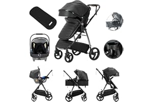 Kakbgee PU Leder 3 in 1 Kinderwagen, Citadine-Kinderwagen mit Autositz, tragbarer Buggy, zusammenklappbar, mit einem Klick, Kombikinderwagen Landschaft, hoher Aluminiumrahmen