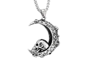 COOLSTEELANDBEYOND Convesso Vulcano Luna Mezzaluna Cranio Ciondolo con Smalto Nero, Teschio Collana con Pendente da Uomo Donna, Acciaio