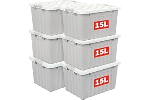 Cetomo 15L*6 Storage Boxes with Lids, Plastic Storage Box with Secure Side Latches, Stackable & Nestable Organizer for Home, Office, Moving, PP, Gray, 15L-6 Pack