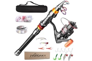 FISHOAKY Canna da Pesca Telescopica in Fibra di Carbonio e Mulinello Combo Spinning Canna con Bobina Linea Esche Ganci per Bambini e Adulti | Saltwater &Freshwater