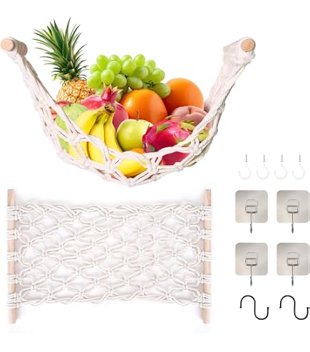Hamac à Fruits En Coton Tissé Main - Corbeille Suspendue Gain De Place Avec 4 Crochets, Décoration Macramé Pour Cuisine