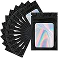 GCQQ 100Pcs Holographic Mylar Bags - 7x10CM Black Zip Lock Resealable Smell Proof Pouches - Small Foil Baggies With Clear Window for Sweets, Wax Melts, Bath Salts