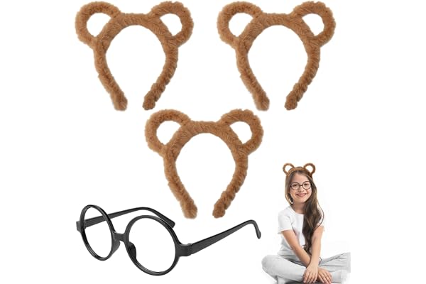 DAWRIS Set med 4 st jordstift, 3 st pannband och glasögon med björnöron och pannband söt tecknad brun halloween födelsedagsfest cosplay kostym tillbehör