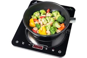 ACTIV CUISINE Induktionskochplatte 2000W Tragbare Einzelkochplatte Induktionskochfeld Induktion 10 Leistungsstufen, 10 Temperatureinstellungen, 3-Stunden Timer, Touch-Steuerung, mit Glasoberfläche, Schwarz