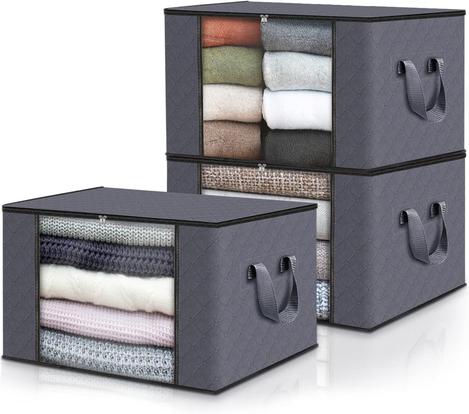 edihome, Cajas Almacenaje Ropa, Bolsas para Guardar Ropa, Organizador Armario, con Asas Reforzadas, Cajas Organizadoras, Fundas de Tela Resistente (Gris oscuro, Pack de 3)