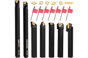 Donken Lathe Turning Tool Set, 12mm Shank 7 Pieces Carbide Turning Tool, Metal Lathe Tools Holder for Turning Grooving Threading, Carbide Inserts Turning Insert, Woodturning Power Lathe Accessories