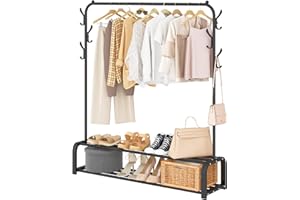 UDEAR Percheros Burro Independiente con Barra Superior, Almacenamiento Inferior y 6 Qanchos, Negro