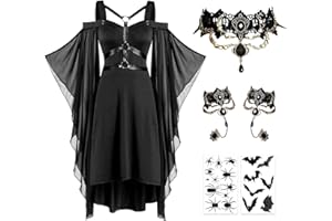 Harsever Robe Medievale Femme, Deguisement Halloween Femme, Deguisement Vampire Femme avec Collier Bracelets Autocollants Style Punk Gothique Robe Halloween Femme pour Halloween Carnaval