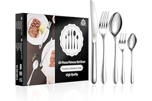 vancasso Posate Acciaio Inox 12 Persone, Posate 60 Pezzi Servizio, 12 Cucchiaio, 12 Forchetta, 12 Coltello, 12 Cucchiaino tè, 12 Forchetta Dolce, Argento e Pacco
