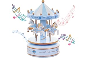 MINGZE Carousel Music Box, Music of Castle in the Sky, 11 Colors, Clockwork Vintage Merry-Go-Round Toy Birthday/Christmas/Decoration/Children Gifts (Flower-blue)