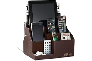 EZR life All-in-One Fernbedienungshalter, Caddy, Organizer – braunes Leder – auch für Handys, Tablets, Bücher, Brillen (8 Fächer, bis zu 14 Fernbedienungen)
