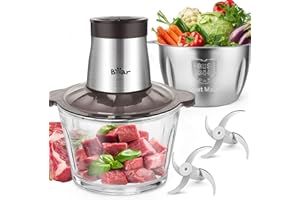 Bear 2L+1.8L 600W Electric Food Processors & Chopper with Glass Container and 304 Stainless Steel Container, 2 Speed Settings, 4 Stainless Steel Blades for Chopping Meat, Baby Food, Fruit, Vegetable