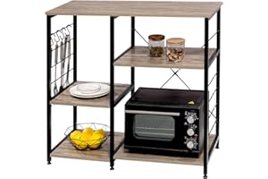 eSituro Scaffale da Cucina Porta Microonde Industriale con Ganci e 4 Ripiani, Scaffalatura in Legno e Metallo Portaoggetti 90x40x83,5cm Rovere SSTR0062