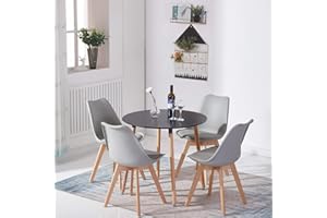 ‎FURNITABLE FURNITABLE Set aus Runder Esszimmertisch mit 4 Grauen Stühlen | Essgruppe 5-teilig | Esszimmergruppe für Esszimmer Küche Wohnzimmer | Schwarzer Esstisch