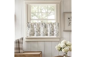 TOPICK Lniane zazdrostki, nieprzejrzyste, na wiosnę, w stylu wiejskim, z kwiatowym wzorem, zaciemniające, krótkie, bistro, do salonu, na okno, 1 opakowanie, czerń na beżu, szer. x wys. 40 x 125 cm